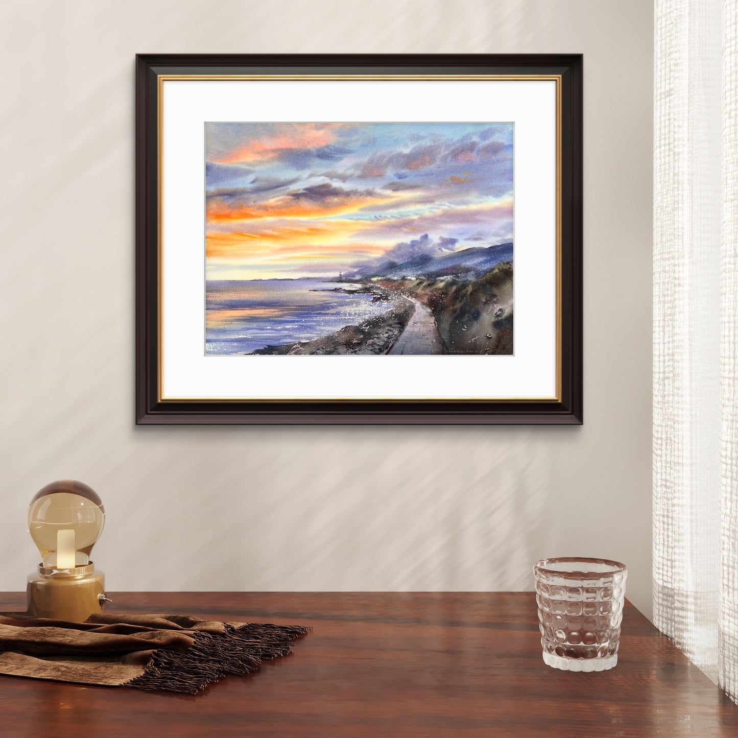 Cyprus Coastal Sunset Watercolor Painting, Seascape Wall Art, Cyprus Lavender Sky 12x16
