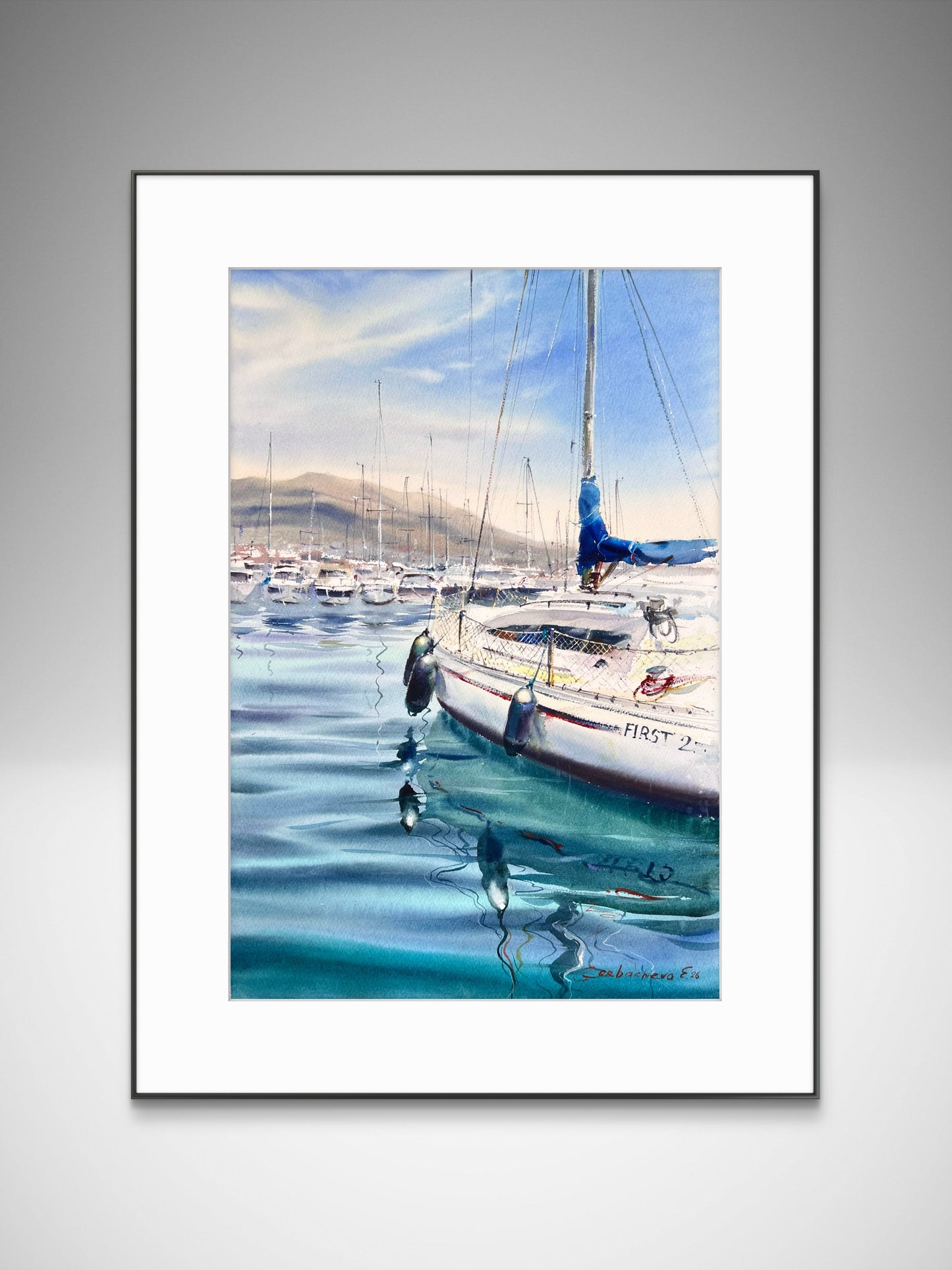 Sailboat Watercolor Painting, Coastal Marina Art, Waiting for the Wind 15x22