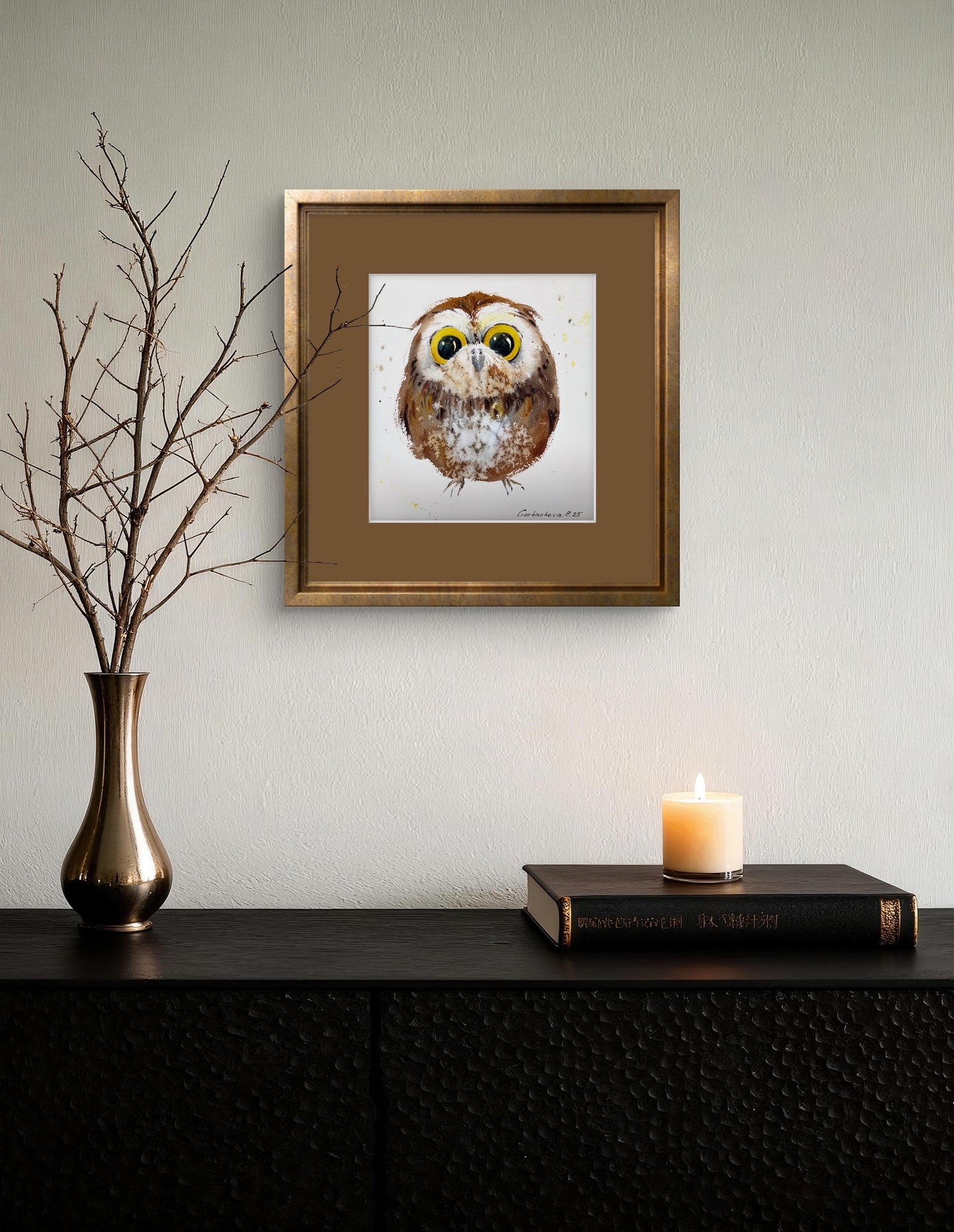 Original Watercolor Painting Tiny Owl, Cute Baby Owl Art, Charming owlet 7x7 in