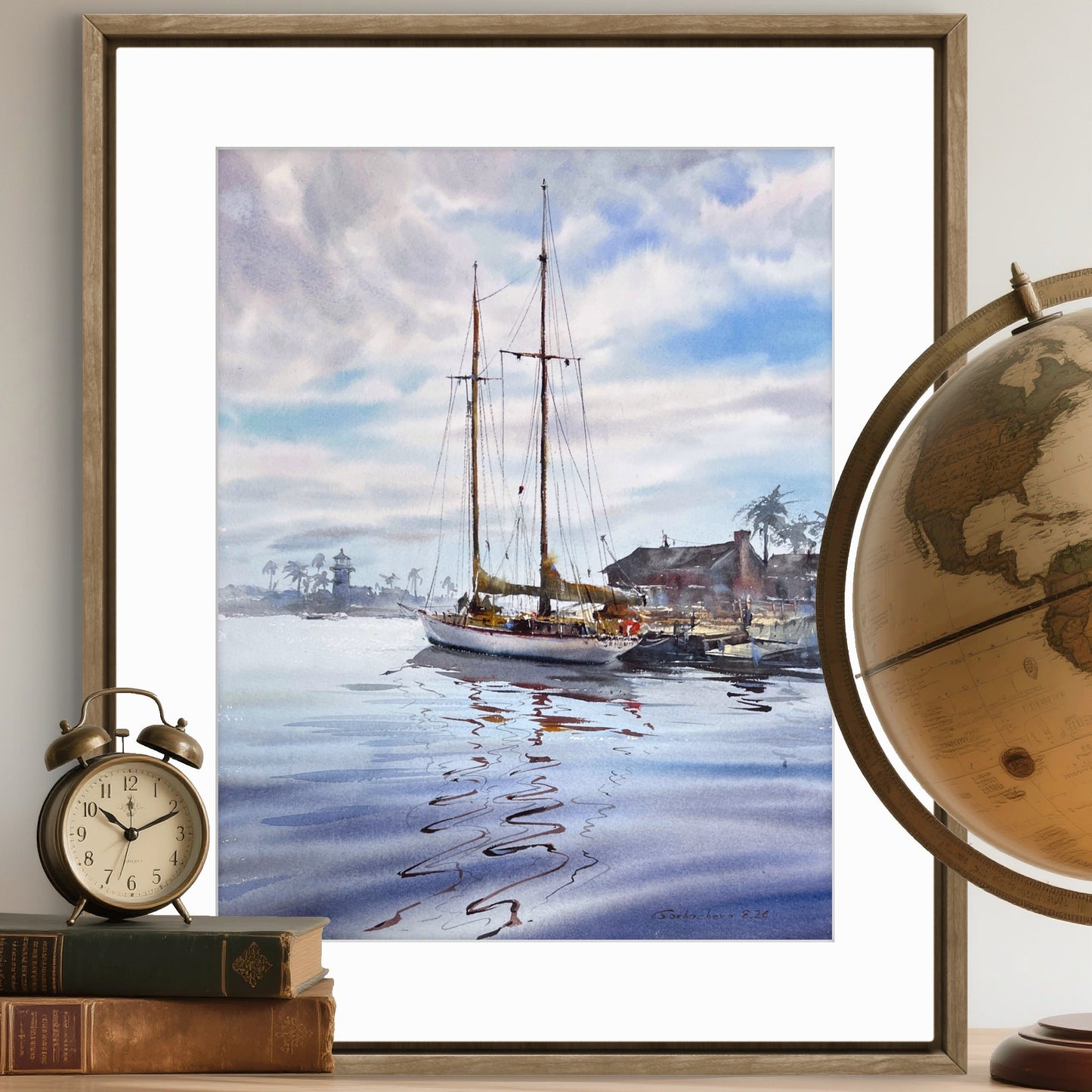 Coastal Harbor Sailboat Watercolor Painting, Reflections at Dawn 12x16