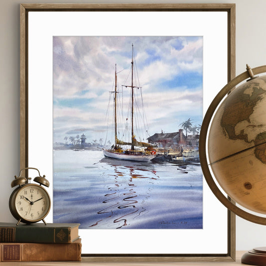 Coastal Harbor Sailboat Watercolor Painting, Reflections at Dawn 12x16