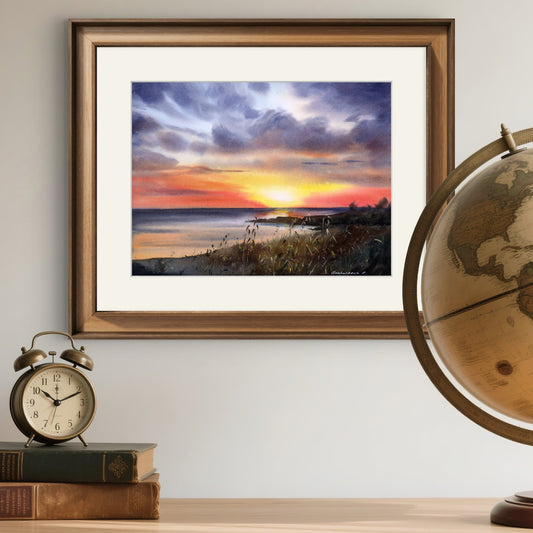 Original Watercolor Painting - 'Sunset on the Sea #15', Orange Sunset Cyprus View, Unique Home Decor Gift