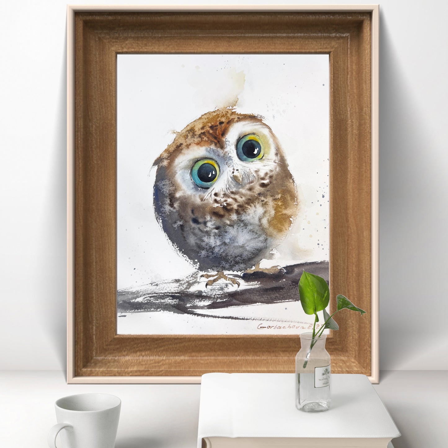 Owl painting original watercolor, cute little owl perched on branch, delicate nature-inspired art