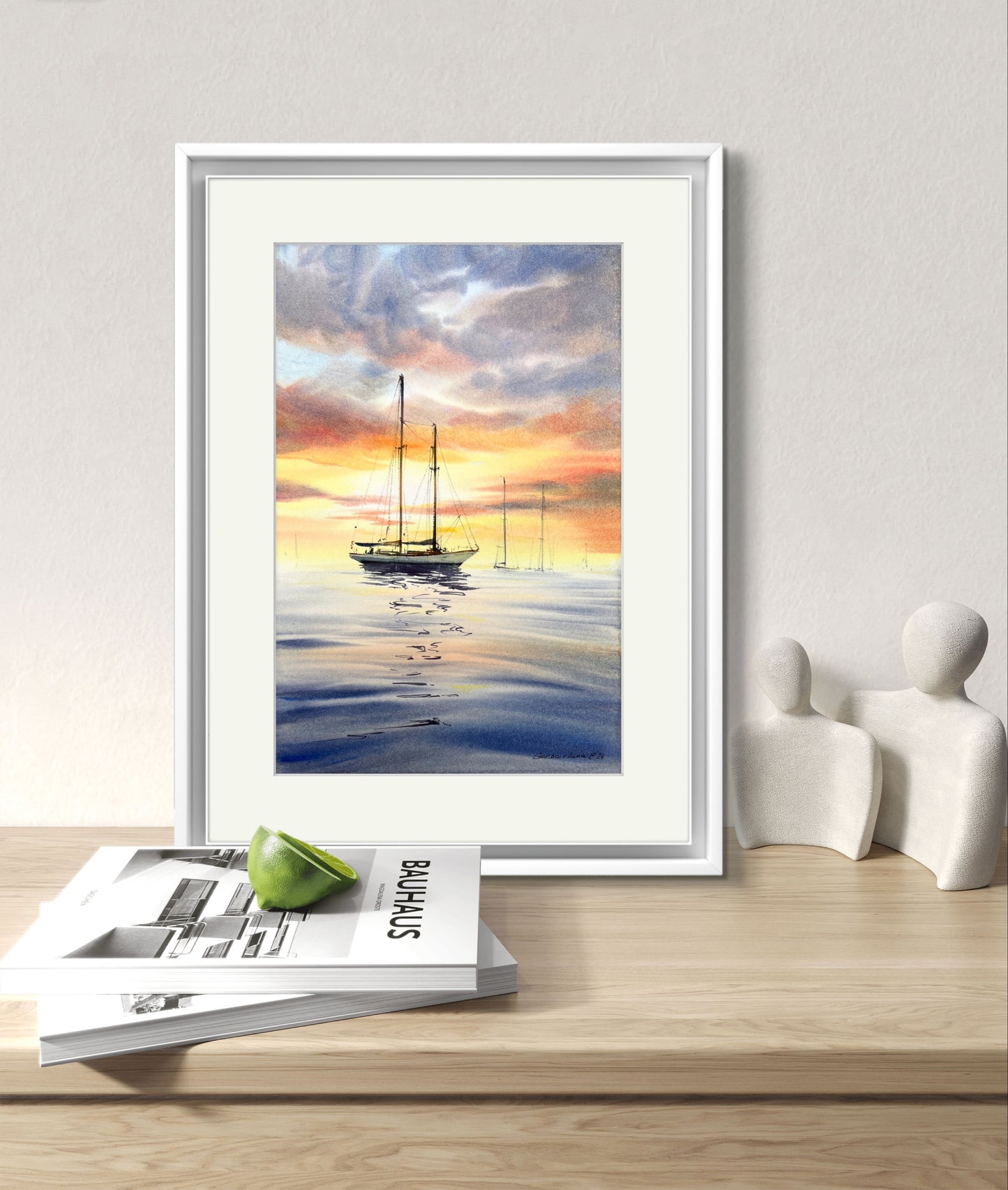 Yachts at Sunset #18 - Sunset Watercolor Painting, Nautical Art, Ocean Decor