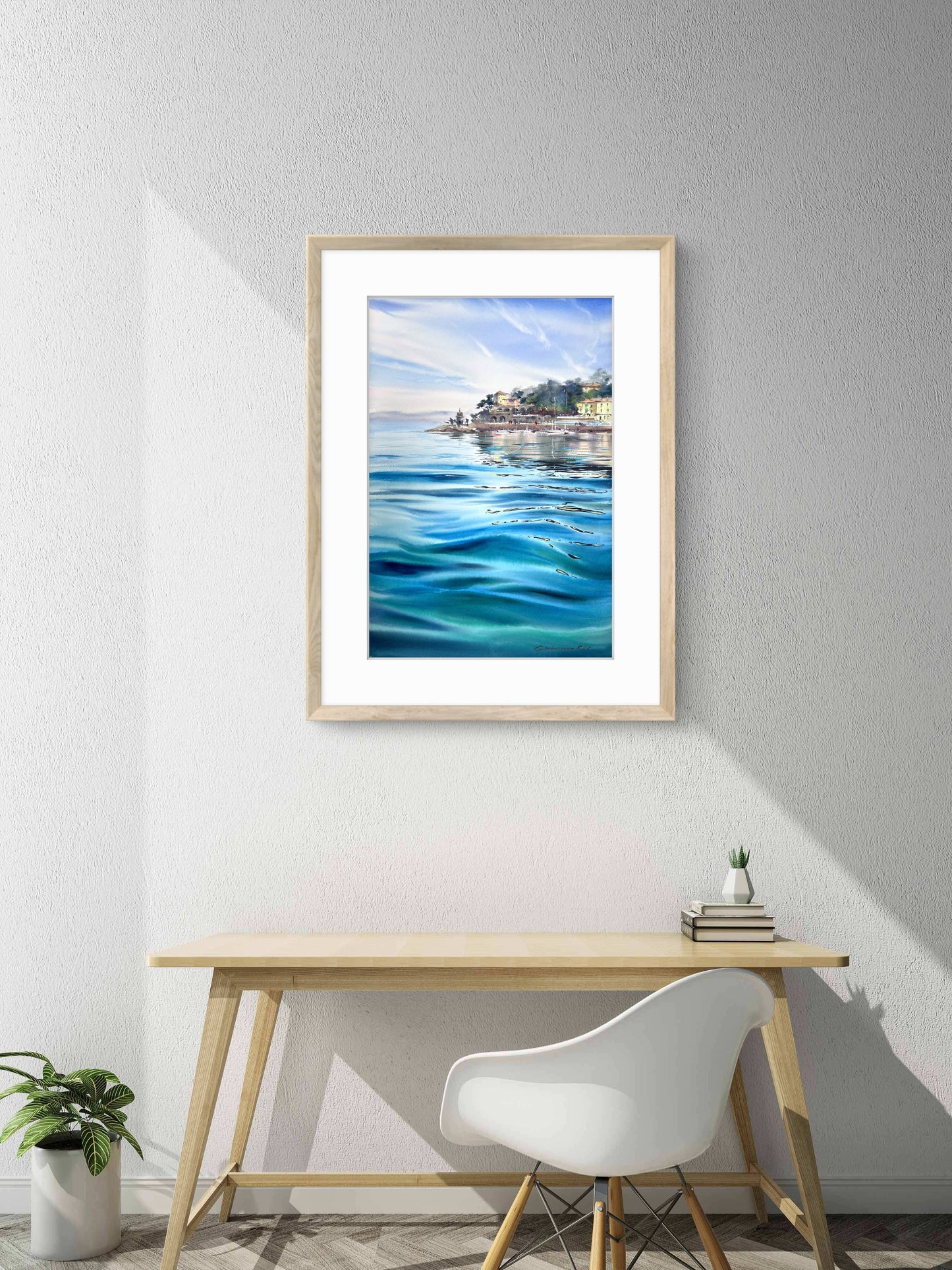 Recco Liguria Watercolor, Italian Riviera Seascape, Blue Waters of Recco 15x22