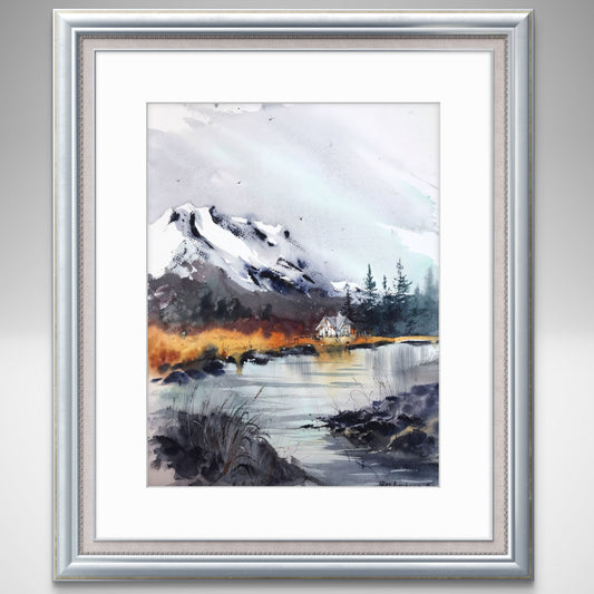 Nature Painting Original, Fall Mountain River, Home Wall Decor, House in the Mountains #6 12x16