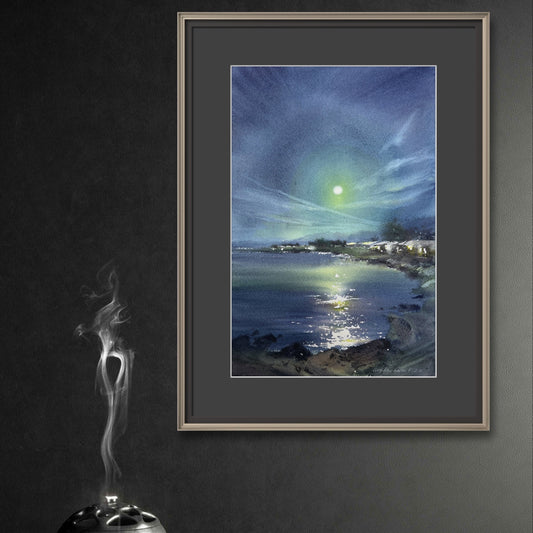 Seascape Painting Original, Small Watercolor Artwork - In the moonlight #4