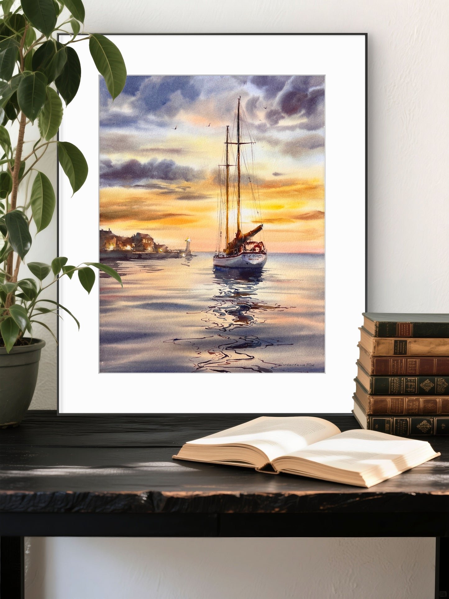 Original Watercolor Sailboat Painting, Sunset Harbor Seascape, Sunset Odyssey 12x16