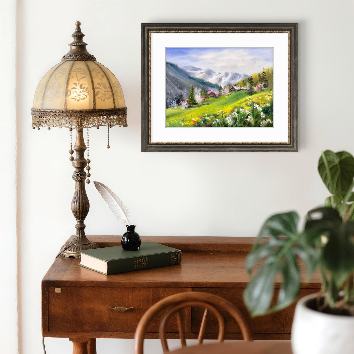 Watercolor Mountain Landscape Painting, Alpine Meadow with Flowers, Song of Green Valleys 9x12 in