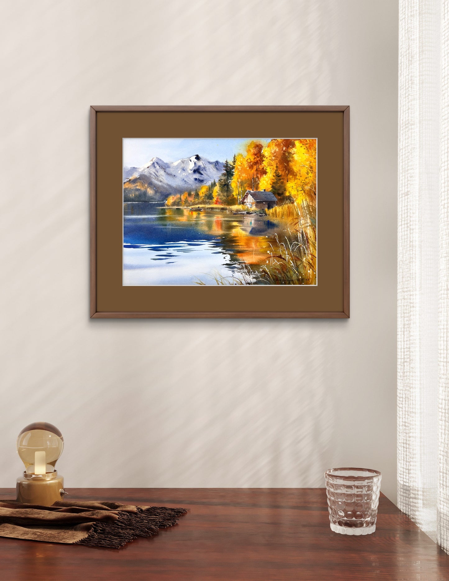 Original Autumn Mountain Lake Watercolor Painting, Mountain Solitude 12x16 in
