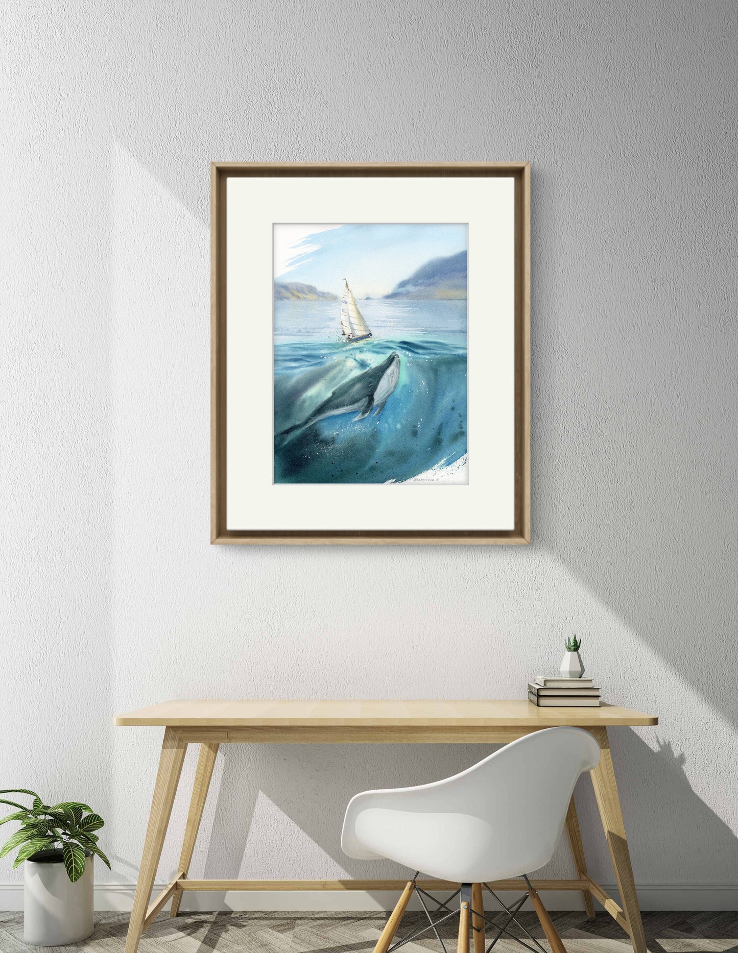 Whale & Sailboat in Watercolor - Original Painting - Beautiful Seascape with Yacht & Coastline