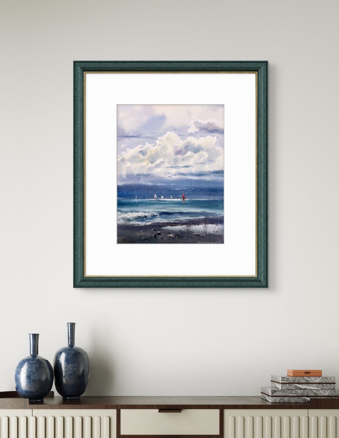 Coastal Dream: Kingdom of the Clouds #2 - Watercolor Artwork of Clouds and Yachts