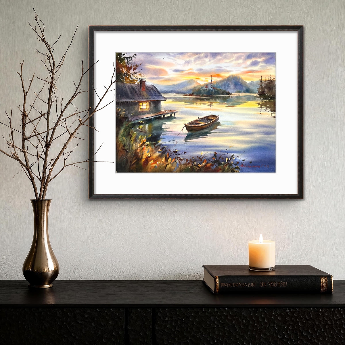 Acuarela de un lago al atardecer, arte original de un paisaje con barco, un barco solitario al atardecer 12x16