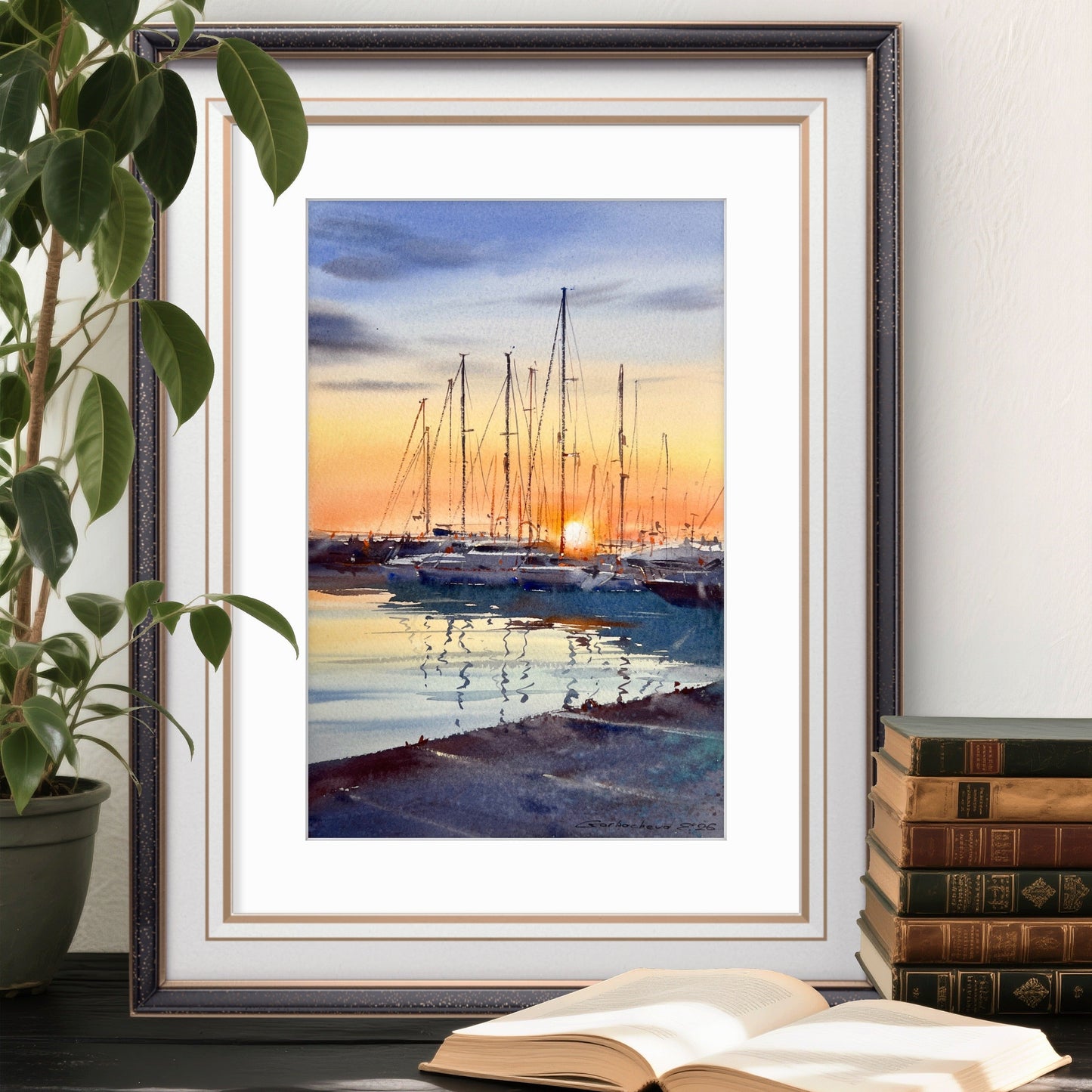 Sunset Harbor Watercolor Painting, Sailing Yacht Mast Wall Art, Silent Sunset Marina 8x12
