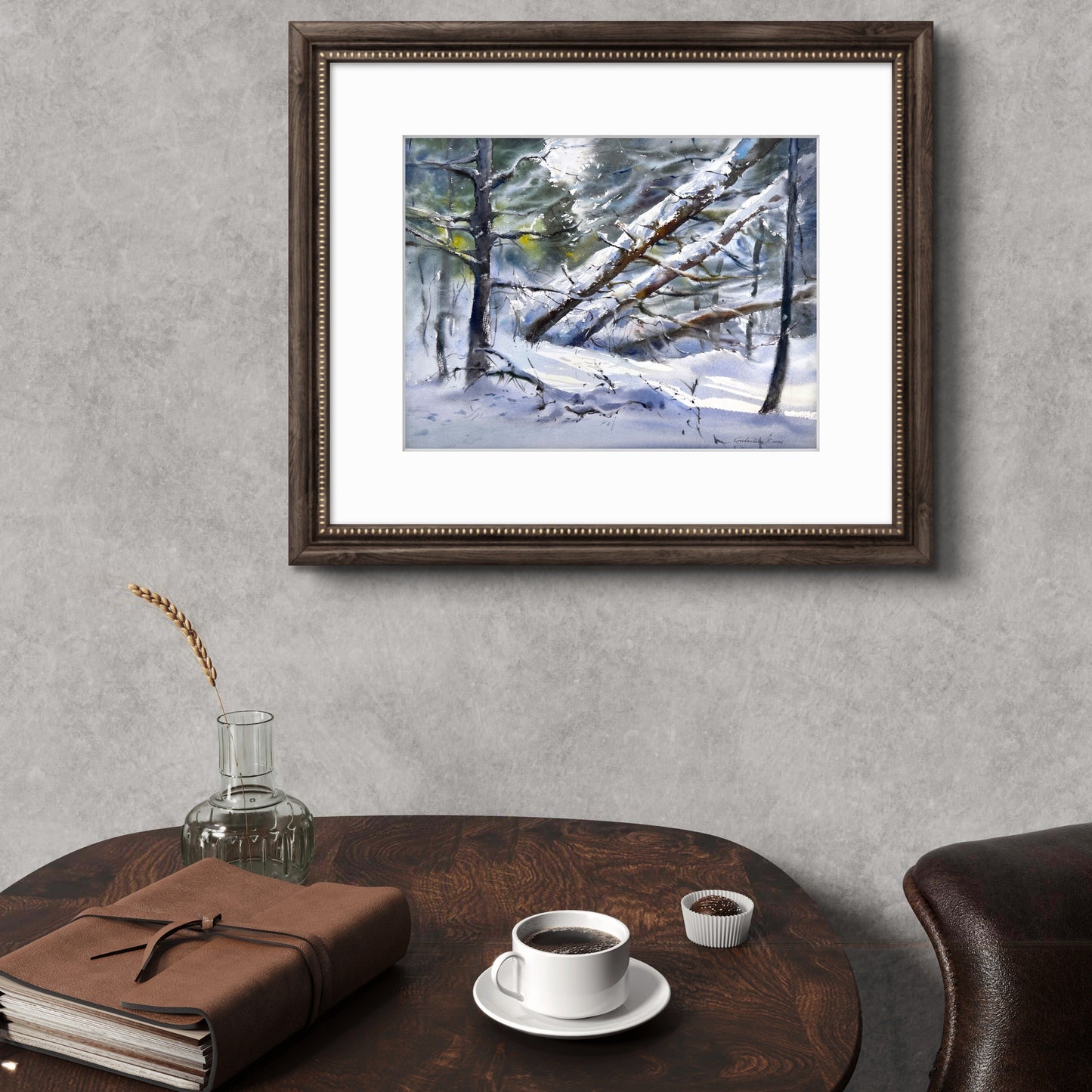 Winter Forest Watercolor Painting, Winter’s Quiet Breath 31x41