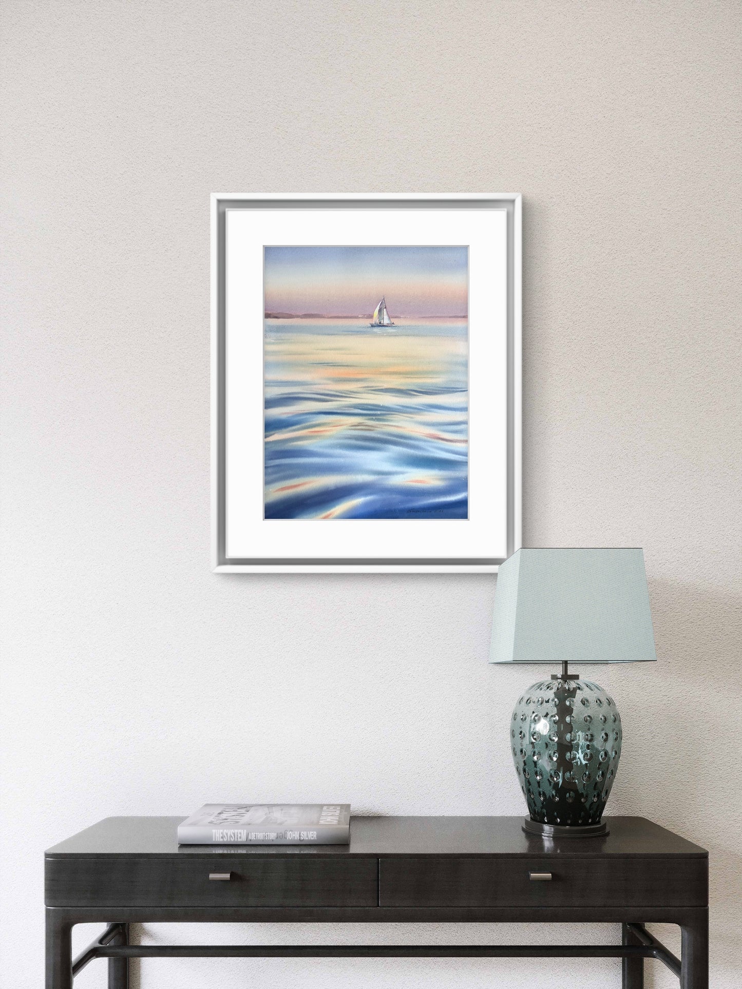 Pastel Sea Watercolor Painting, Sailboat at Sunset, Original Ocean Artwork, Sunset Yacht Song 12x16