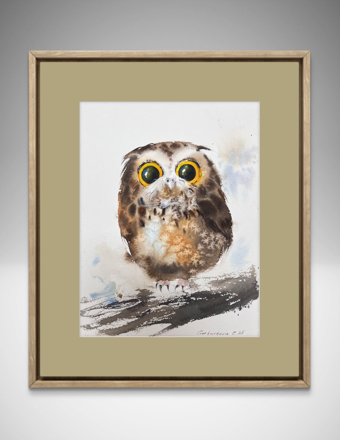 Original Watercolor Painting Tiny Owl, Cute Baby Owl Art, Amber-Eyed Owlet 8 x 10 in