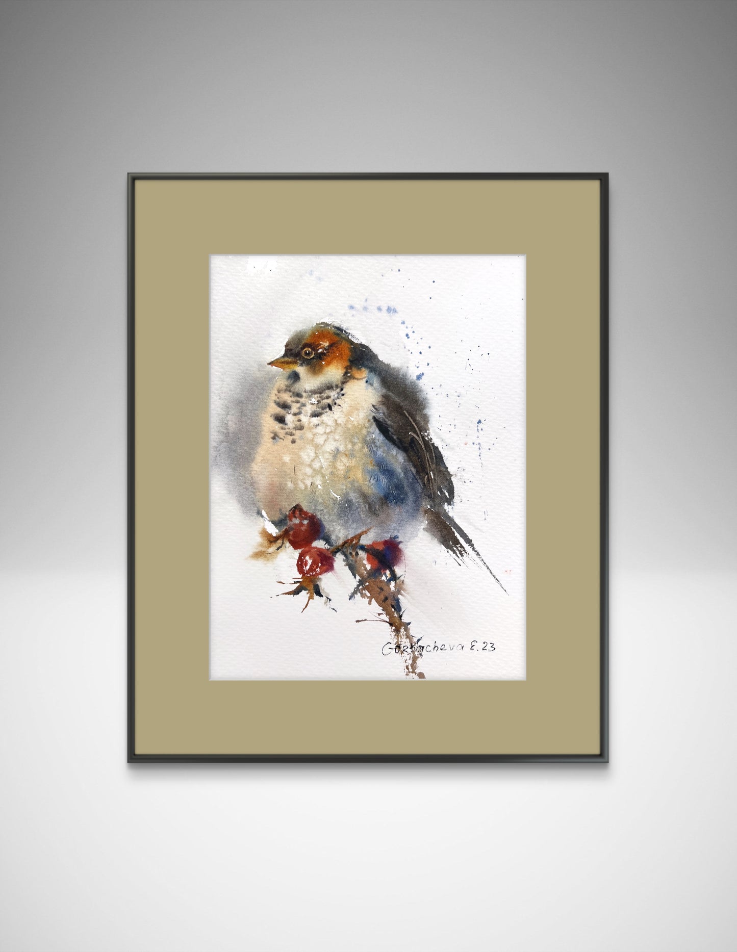 Original Art - Watercolor Painting of Small Gray Bird and Red Berries - Beautiful Wall Accent -Little bird #2