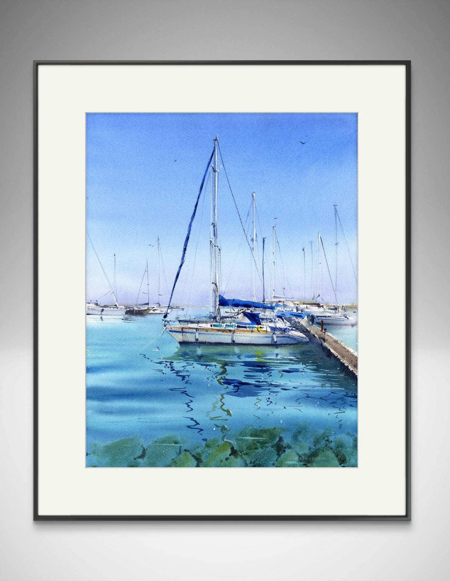 Nautical Watercolor Art: Yachts at Anchor #16 - Painting Watercolor Original