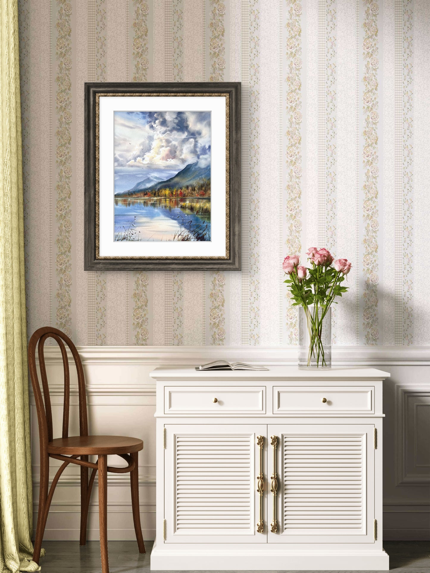 Mountain Lake Watercolor, Autumn Landscape Painting, Autumn Light on the Lake 12x16 in