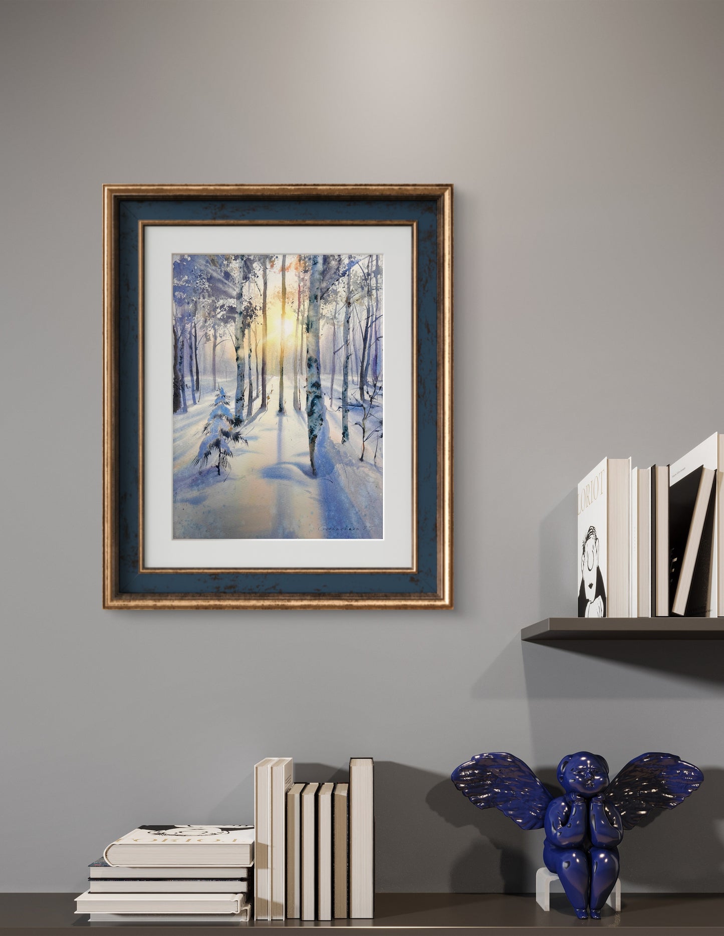 Original Winter Birch Forest Watercolor, Snowy Landscape Wall Art, Birch grove in winter glow 9x12
