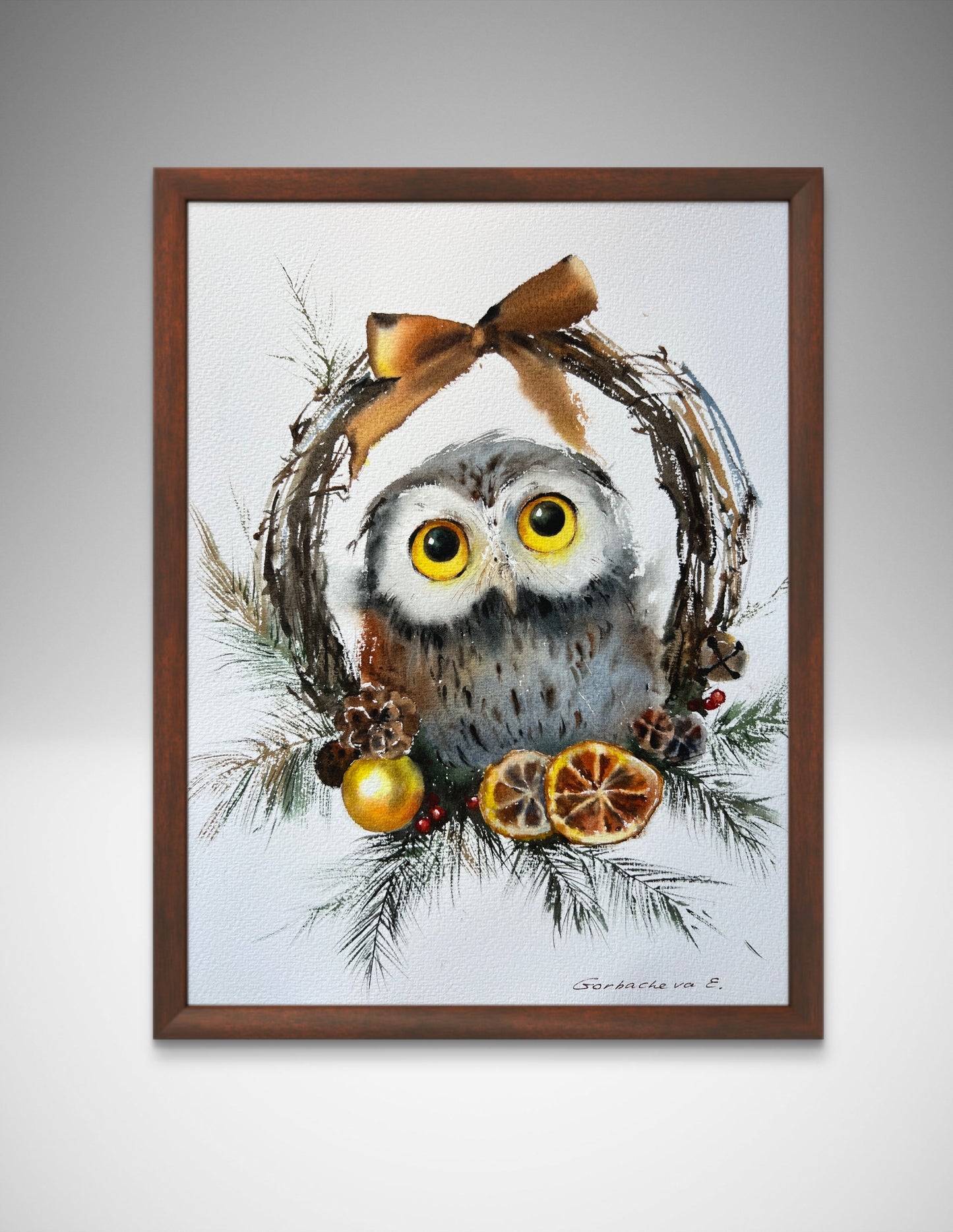 Owl and a Christmas Wreath - Original Watercolor Painting