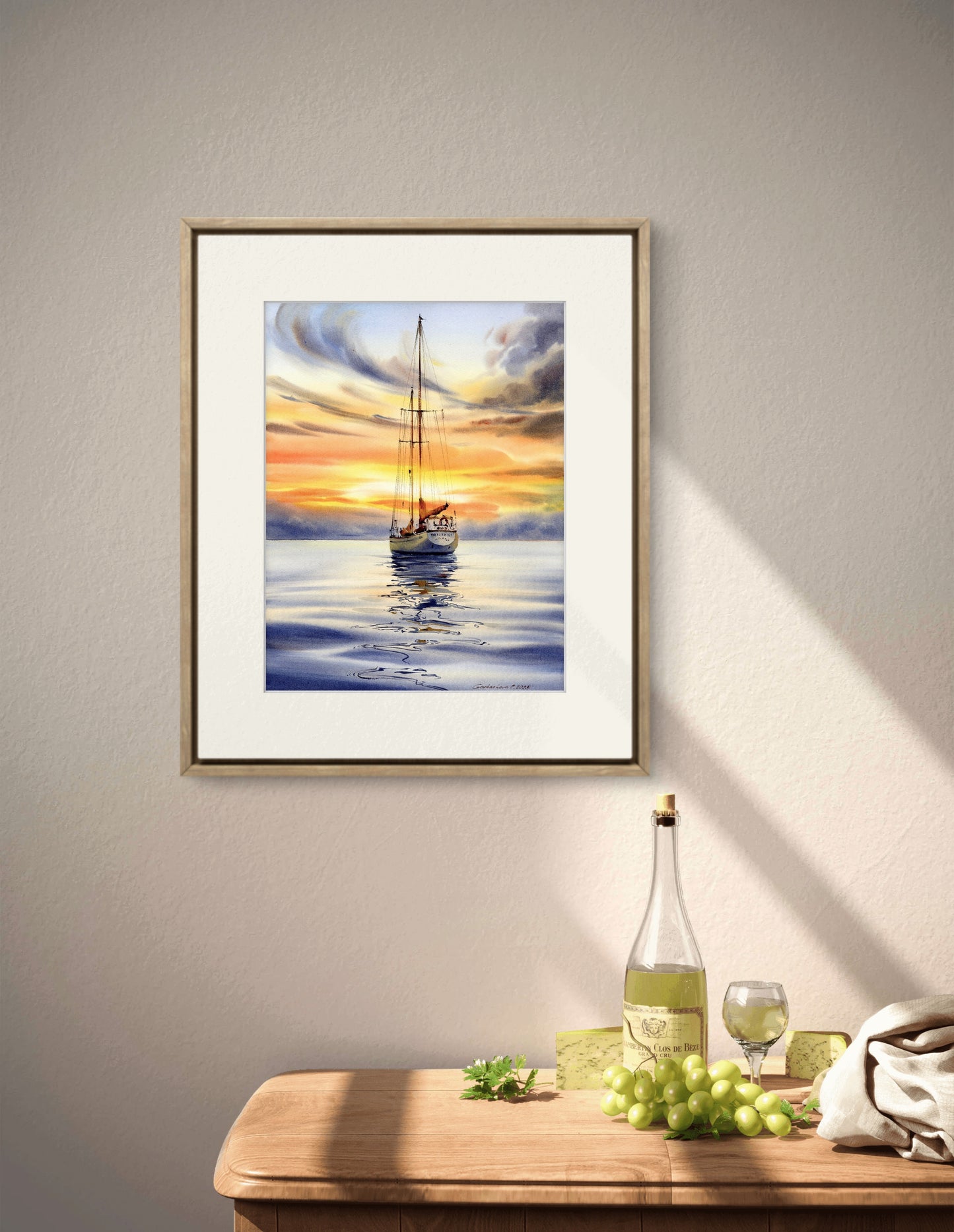 Original Sunset Sailboat Watercolor Painting, Yacht on Reflective Water Art,Golden hour on a yacht #2 12x16 in