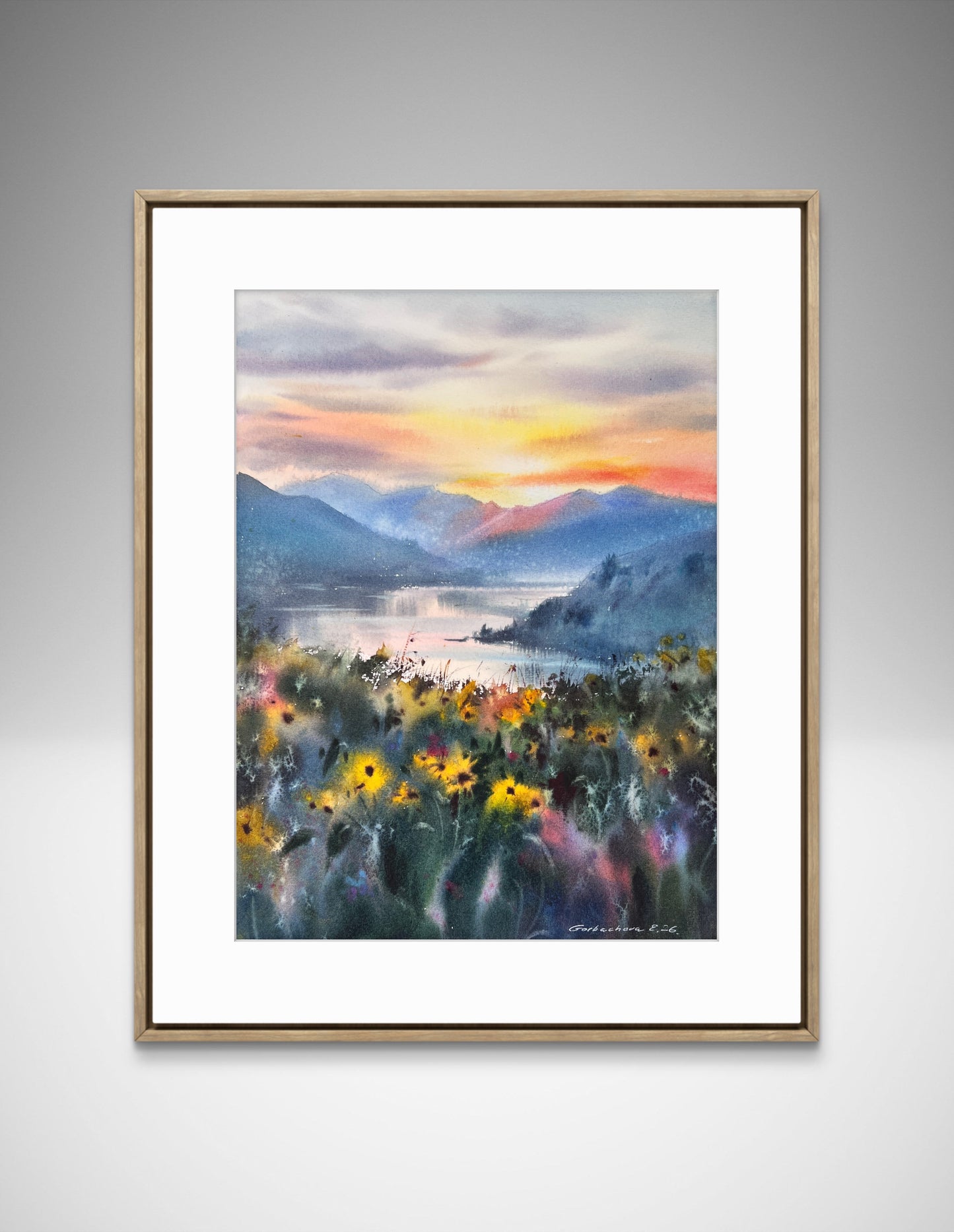 Oregon Watercolor Landscape Sunset, Mountain Lake Wildflowers, Golden Quiet Oregon 9x12