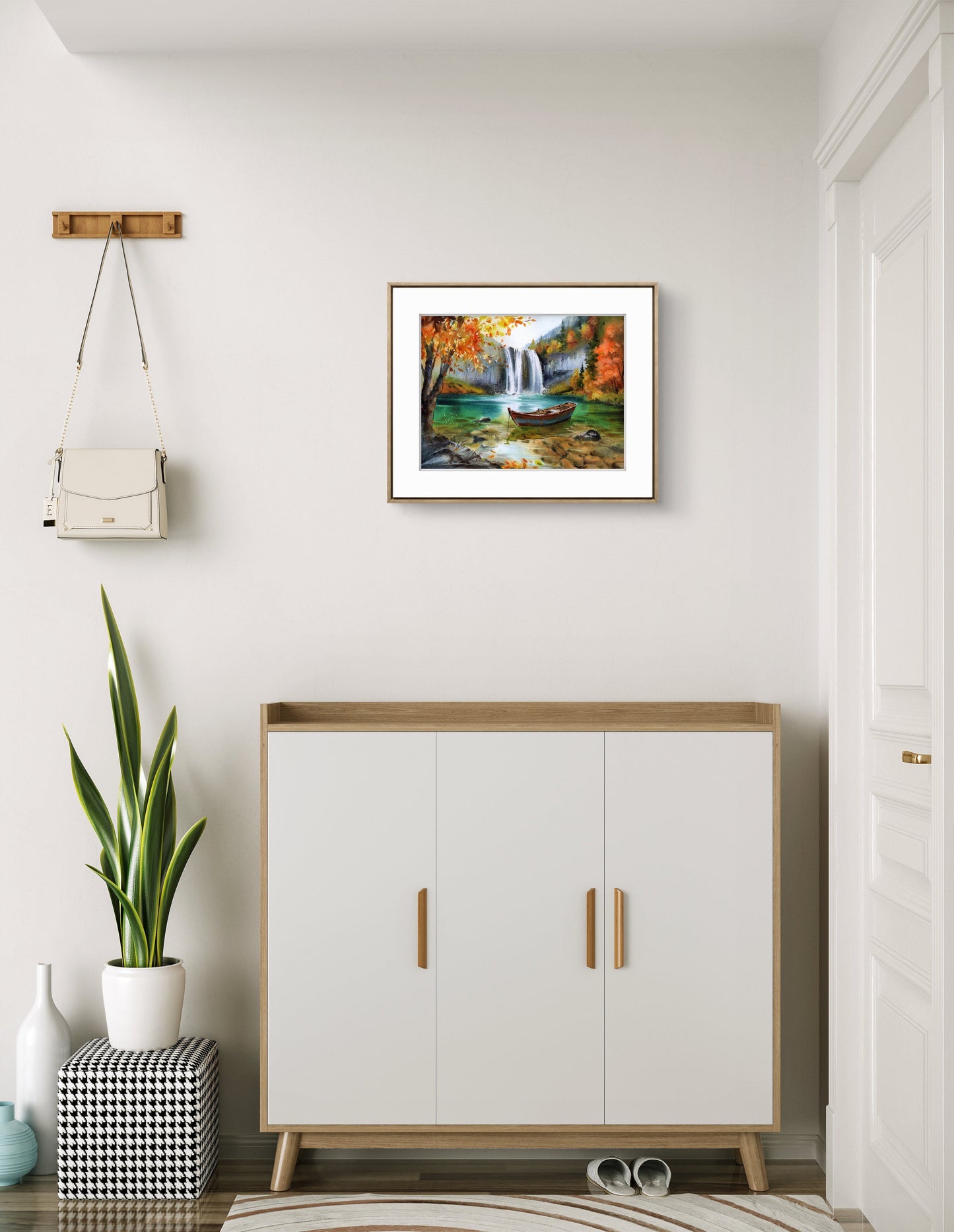 Original Waterfall Watercolor Painting, Autumn Landscape Wall Art, Boat Beneath Autumn’s Cascade 12x16 in
