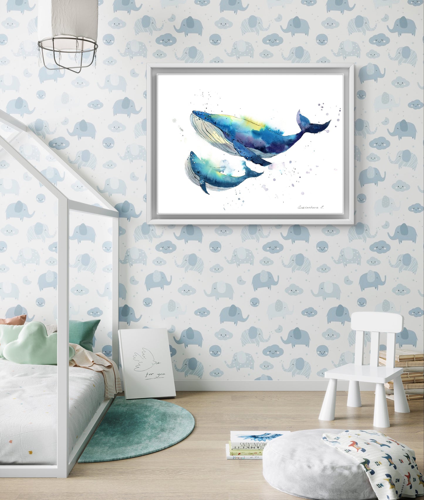 Whimsical Ocean Print - Mom and Baby Whale Watercolor for Nursery Decor