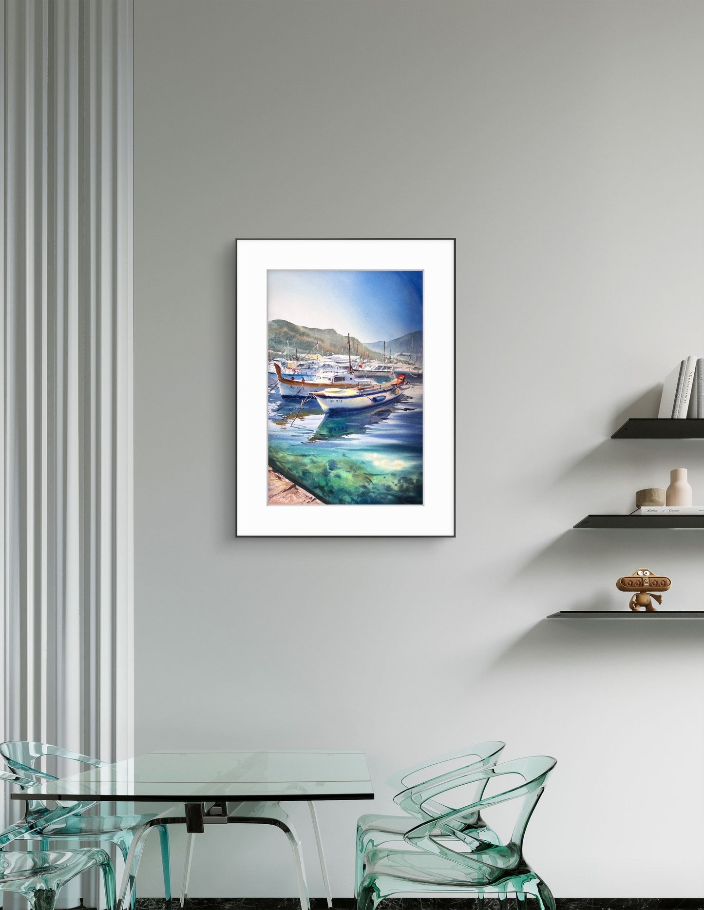 Seascape Watercolor Painting, Boat Harbor Wall Art, Morning at the pier 15x22