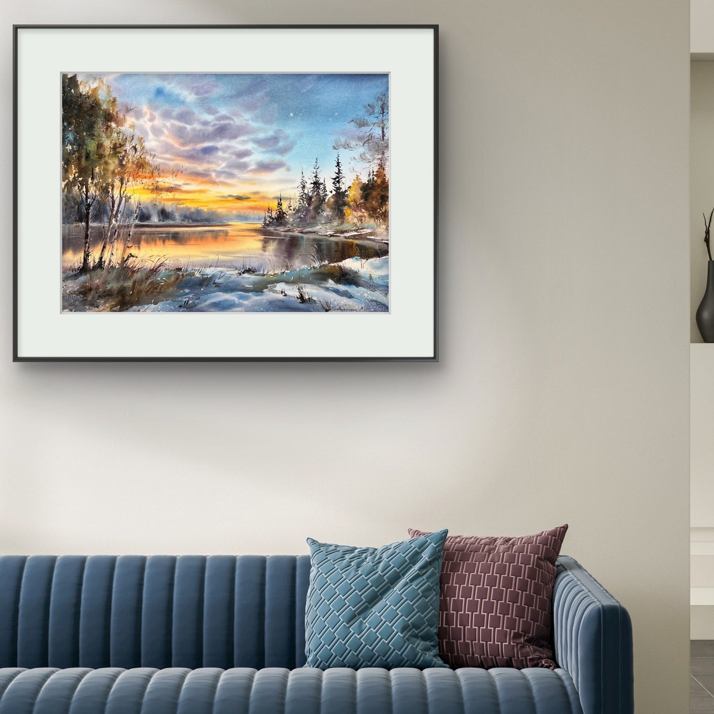 Winter Sunset Watercolor Painting, Snowy Lake Landscape Art, Sunset on the Ice