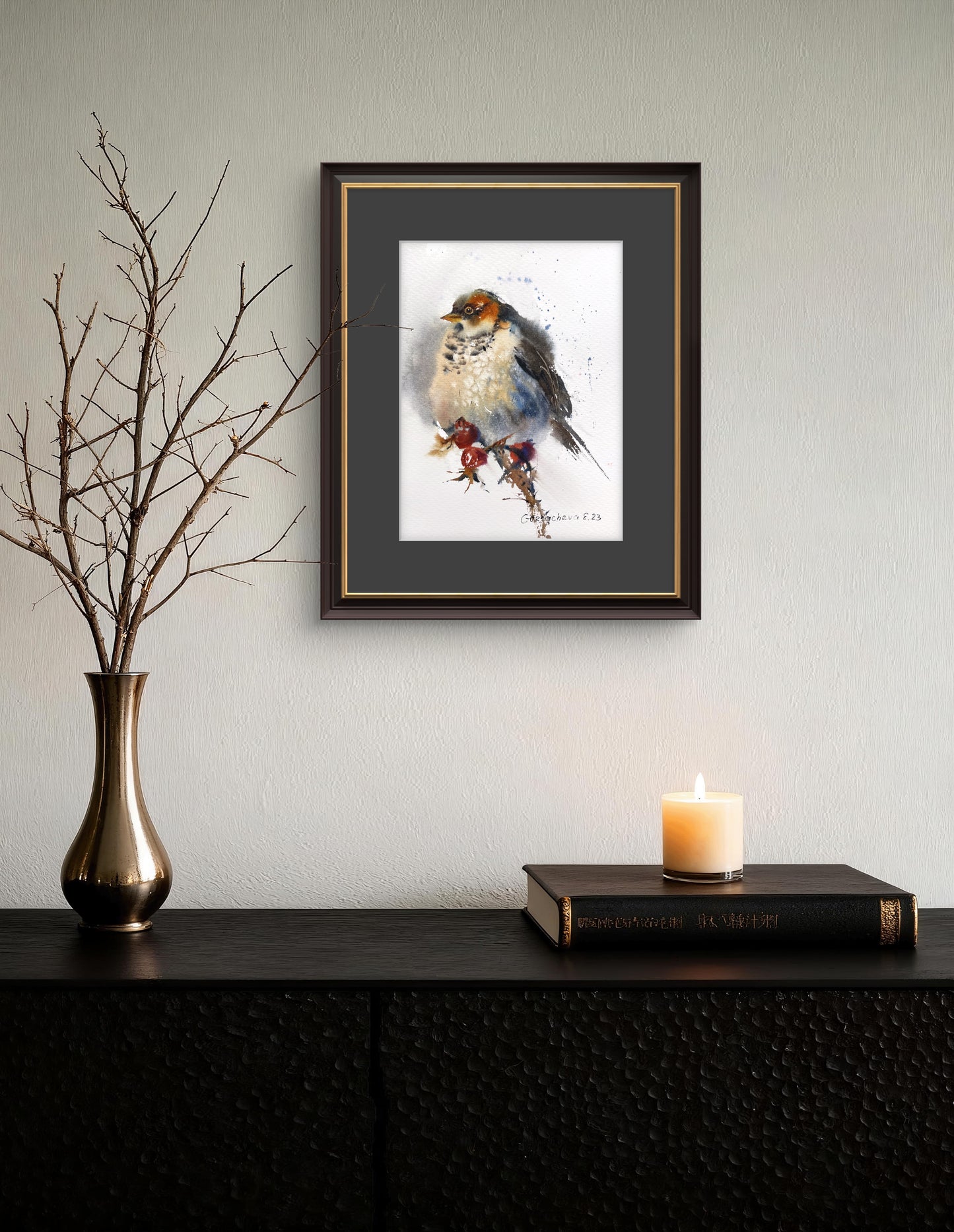 Original Art - Watercolor Painting of Small Gray Bird and Red Berries - Beautiful Wall Accent -Little bird #2