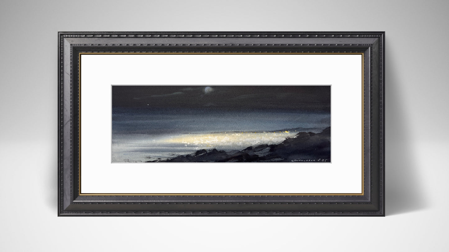 Cyprus Night Sea Watercolor Painting, Cyprus Moonlit Secrets 5.5 x15