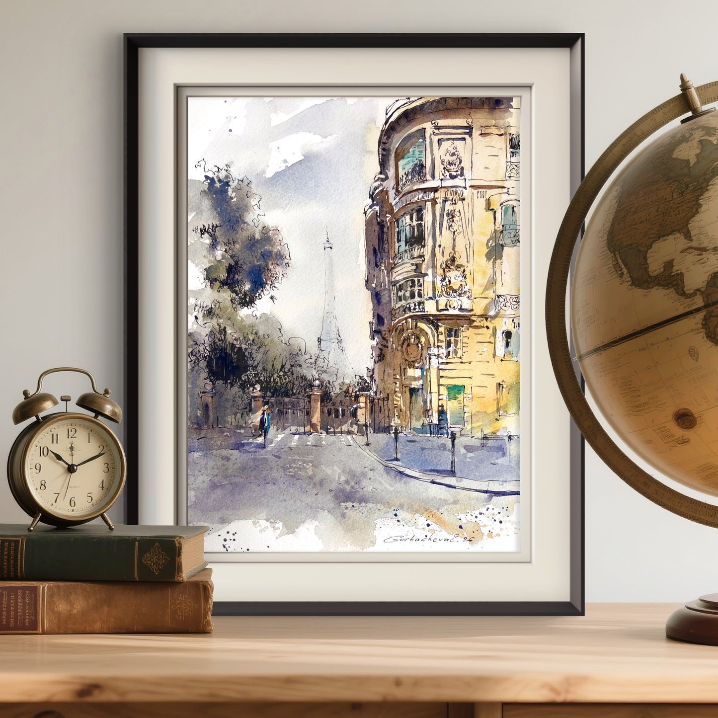 Paris Watercolor Painting, Eiffel Tower Wall Art, Quiet Paris Light 9x12