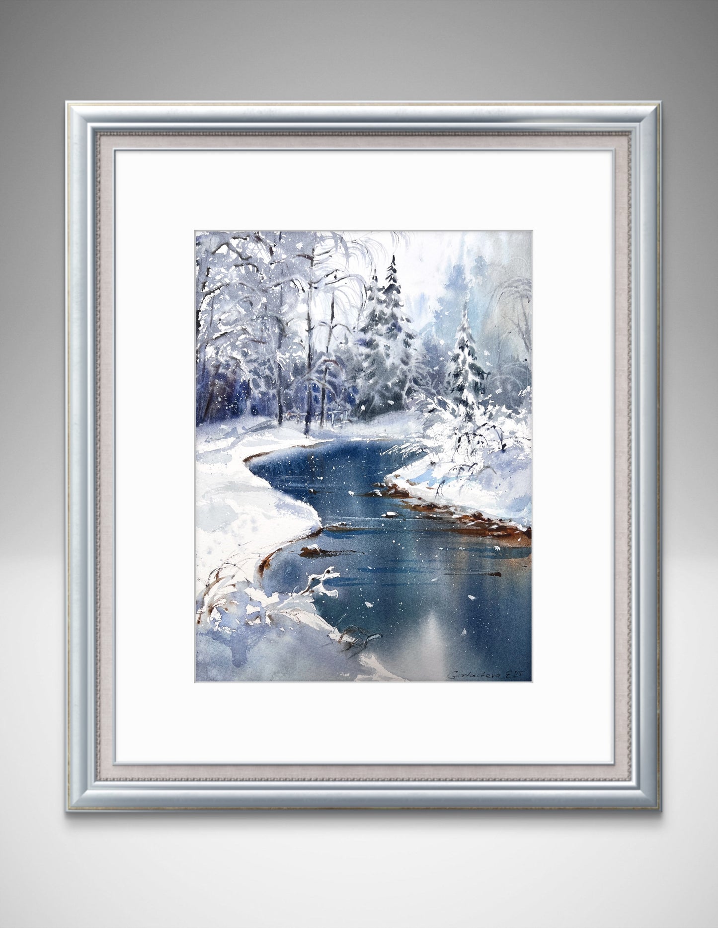 Original Winter Landscape Watercolor Painting, Snowy Forest River Art, Winter’s Quiet Heart 9x12 (Copy)