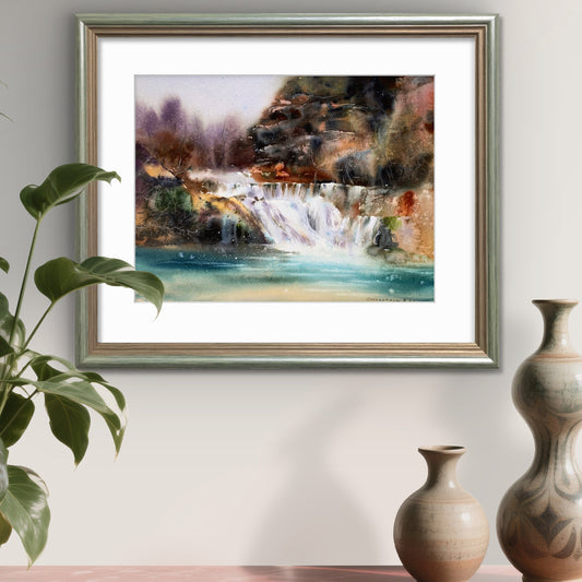 Nature Waterfalls Painting Watercolor Original, Island Beautiful Landscape, Waterfall #4 12х16