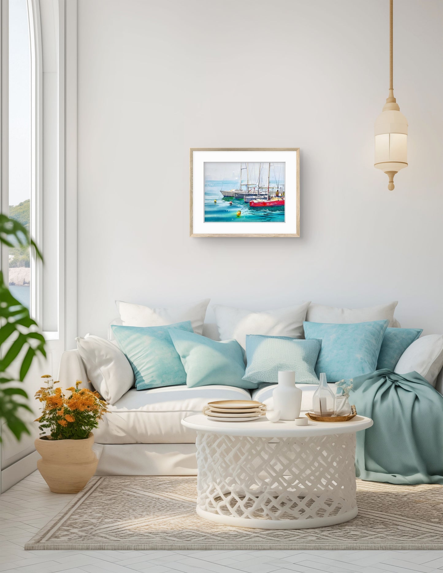 Coastal Sailboats Watercolor Painting, Seascape Marina Art, Boats on Blue Silence 11x15