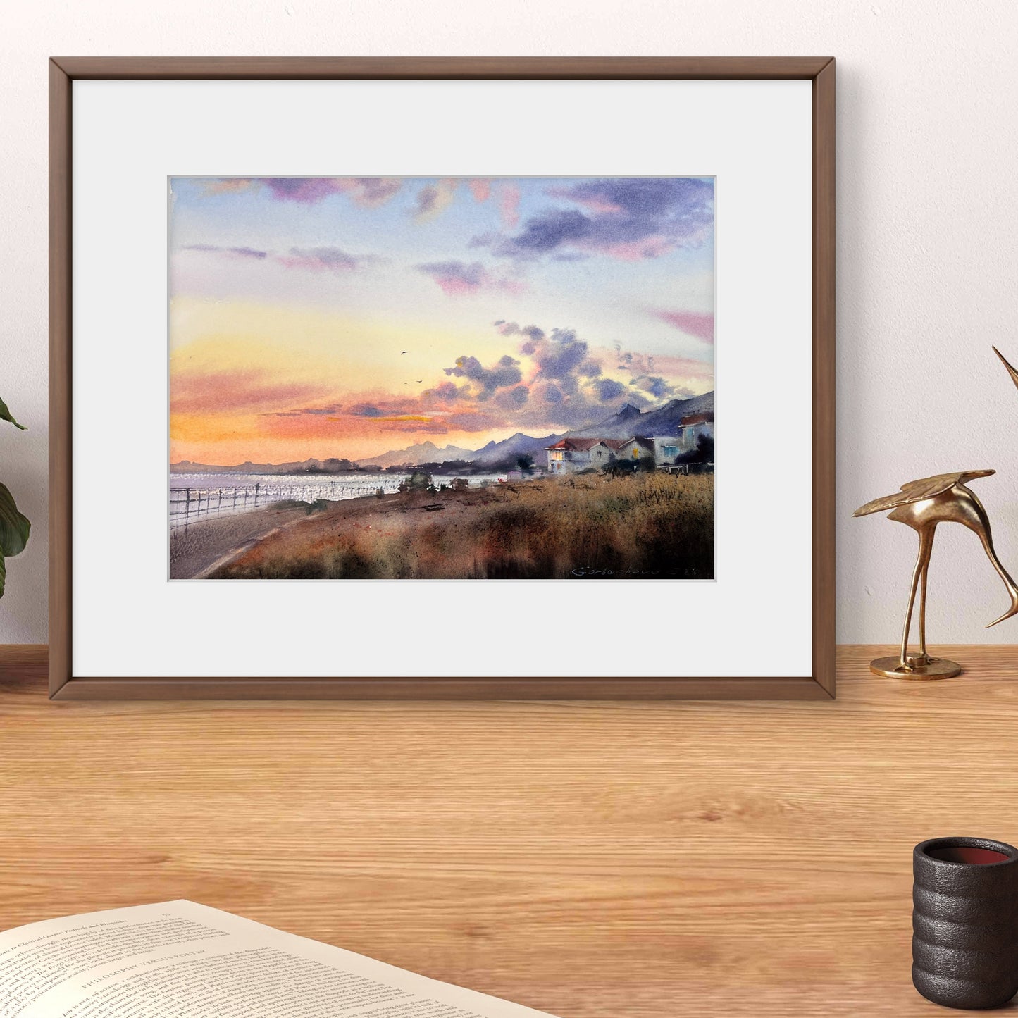 Cyprus Watercolor Painting, Coastal Village Art, Sunset Landscape, Cyprus in Golden Light 11x14 in