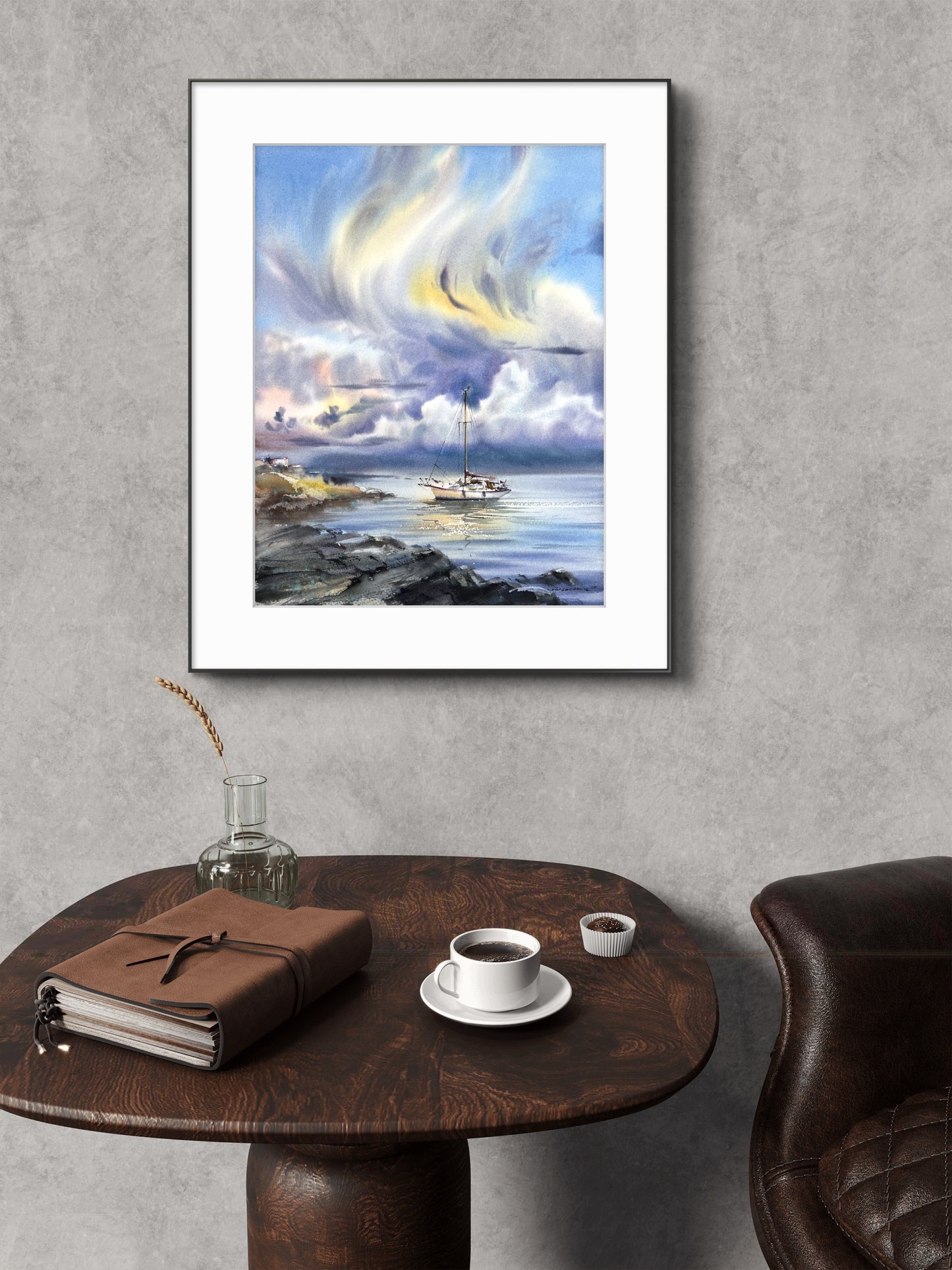 Dreamy Sailboat Watercolor Painting, Coastal Seascape Art, Ocean Sky Landscape, Yacht under the sea skies 12x16