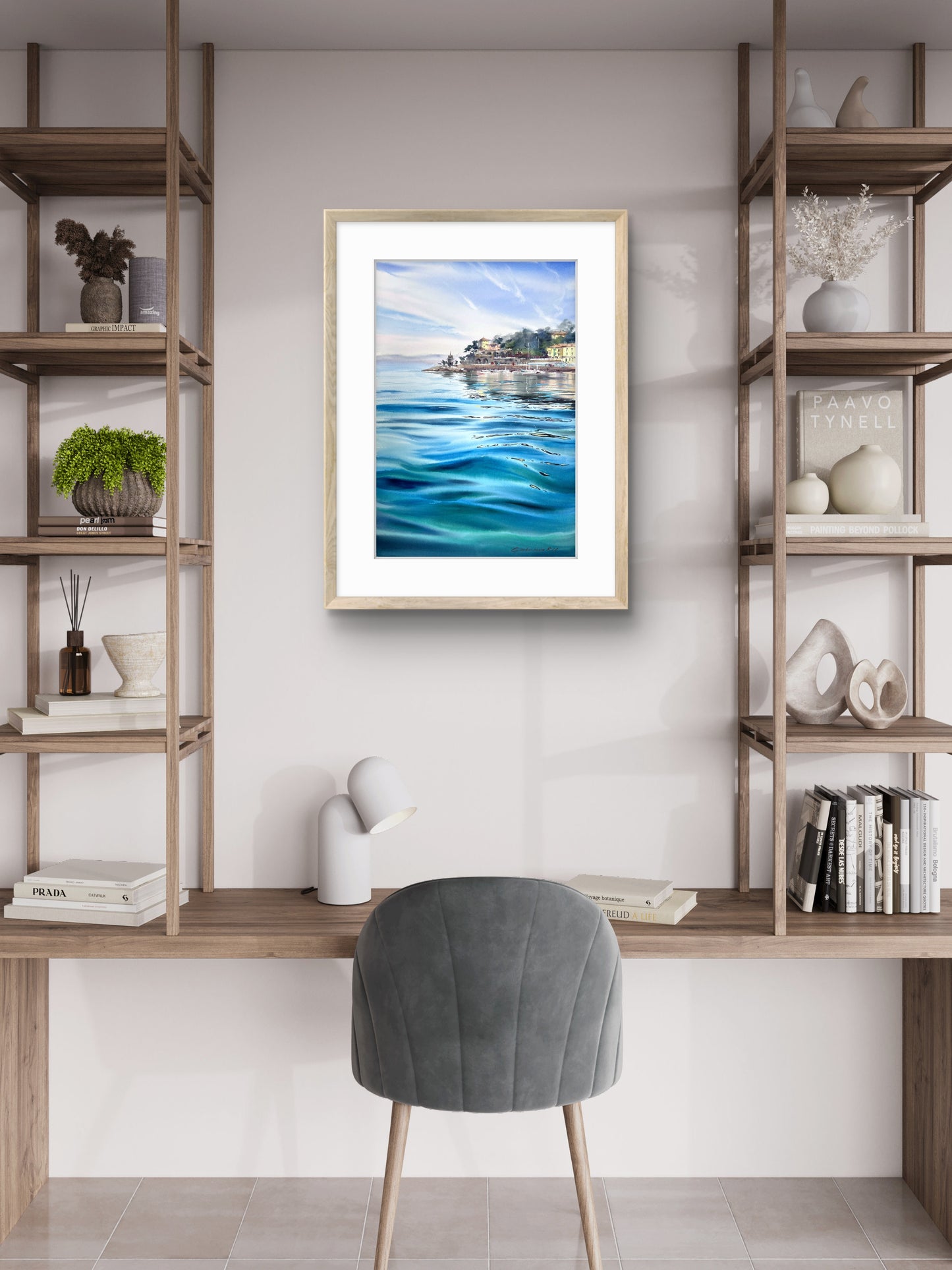 Recco Liguria Watercolor, Italian Riviera Seascape, Blue Waters of Recco 15x22