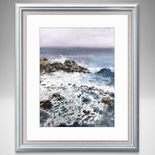 Waves and Rocks Painting, Watercolor Original Artwork, Blue Sea Art, Seascape, Coast, Hand-painted Ocean Home Decor