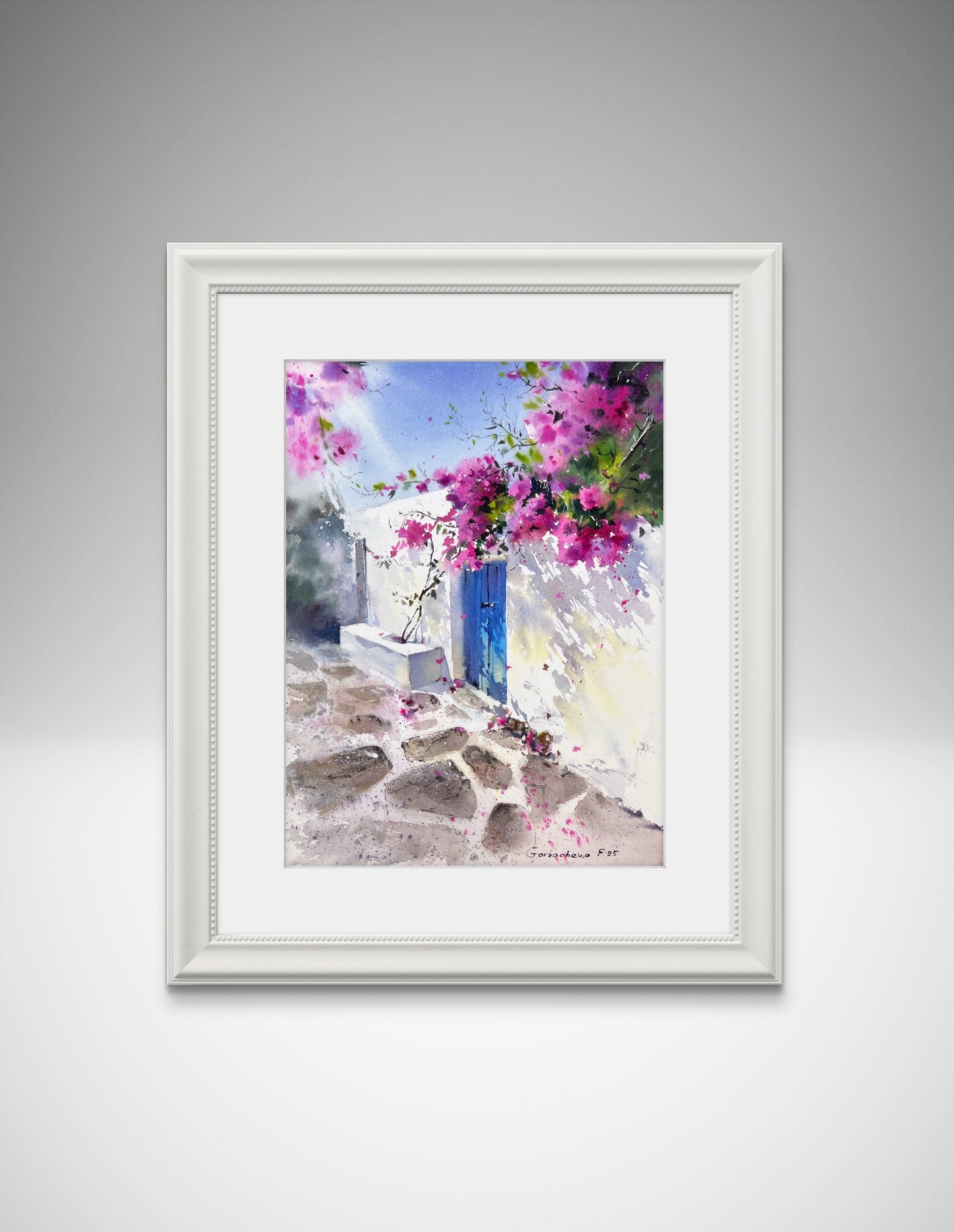 Original Watercolor Painting - Bougainvillea Door - Mediterranean Townscape