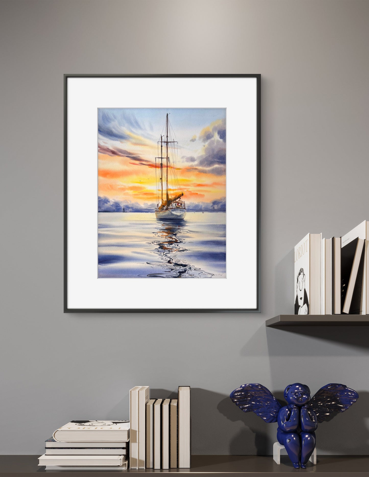 Original Sunset Sailboat Watercolor Painting, Yacht on Reflective Water Art,Golden hour on a yacht #2 12x16 in