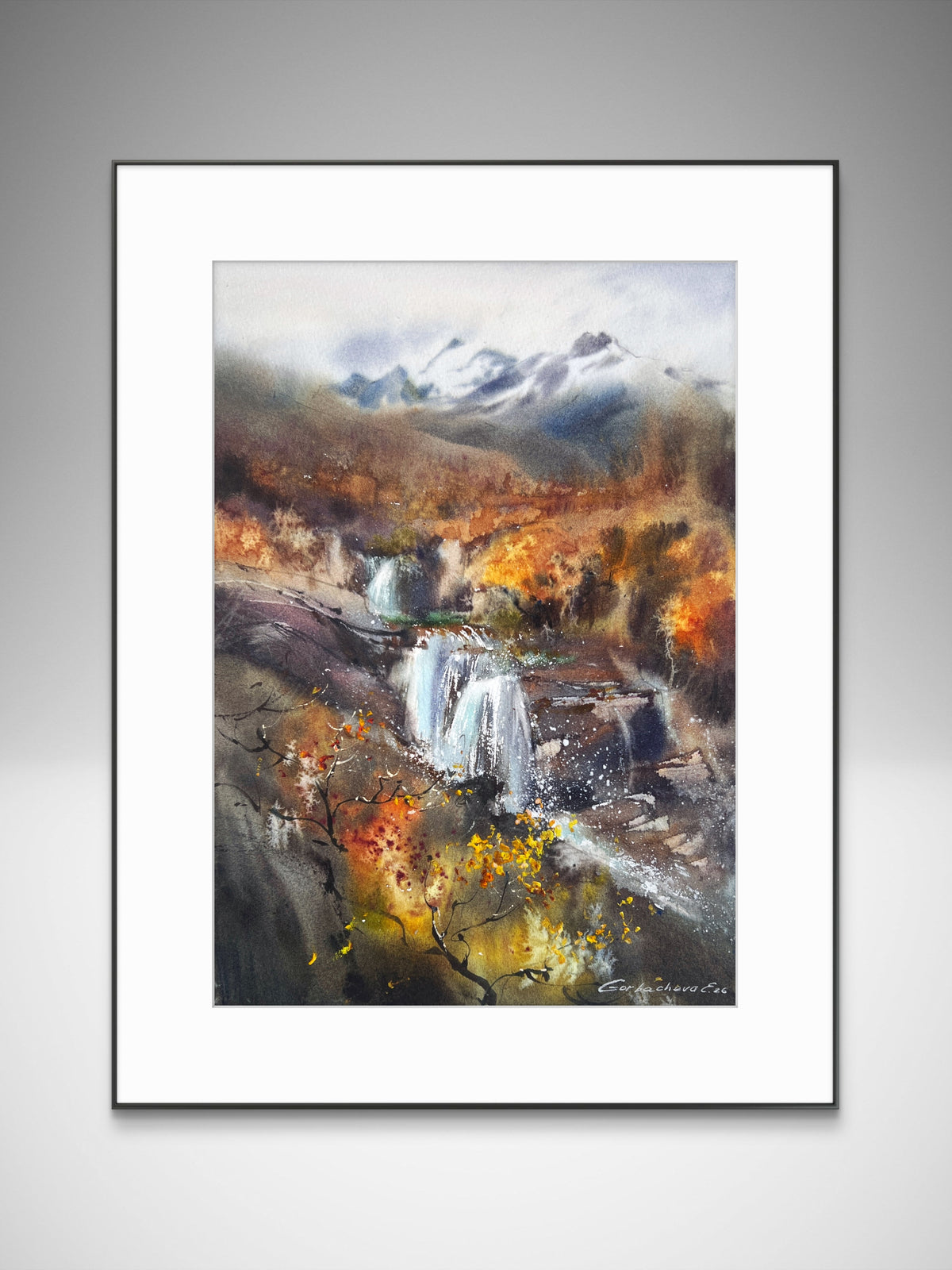 Autumn Waterfall Painting, Mountain Landscape Watercolor, The Golden Silence 9x13 in