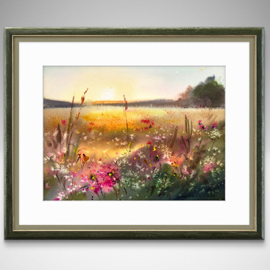 Original Watercolor Wildflower Meadow Painting, Golden Lake Sunset Landscape, Sunset Bloom 9x12