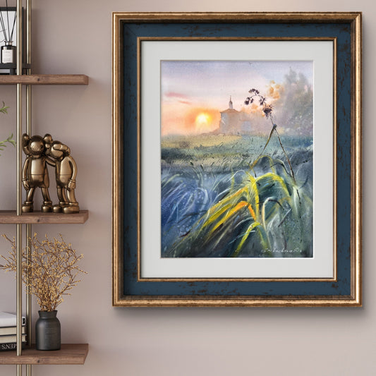 Moody Countryside Watercolor Painting, Sunset Landscape Art, The Evening Meadow 12x16