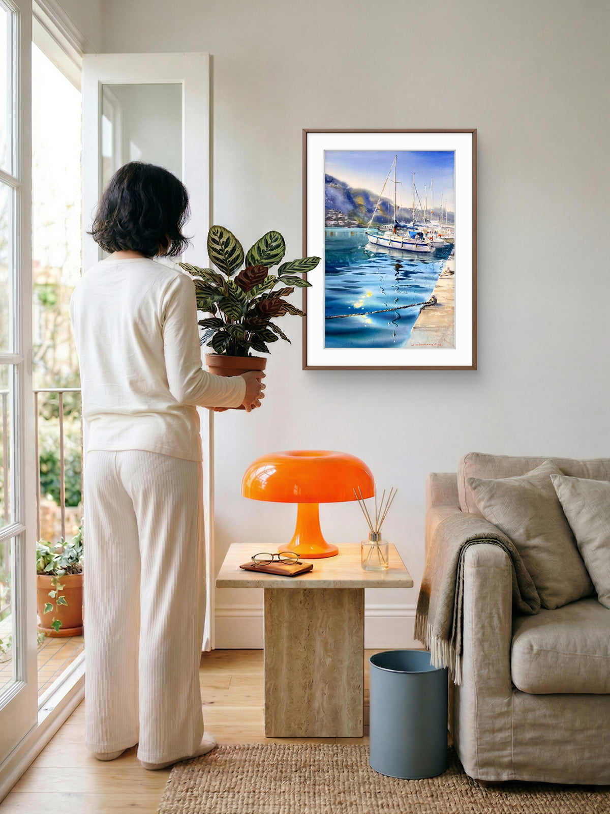 Original Watercolor Sailboat Painting, Mediterranean Harbor Art, A Harbor of Dreams 15x22