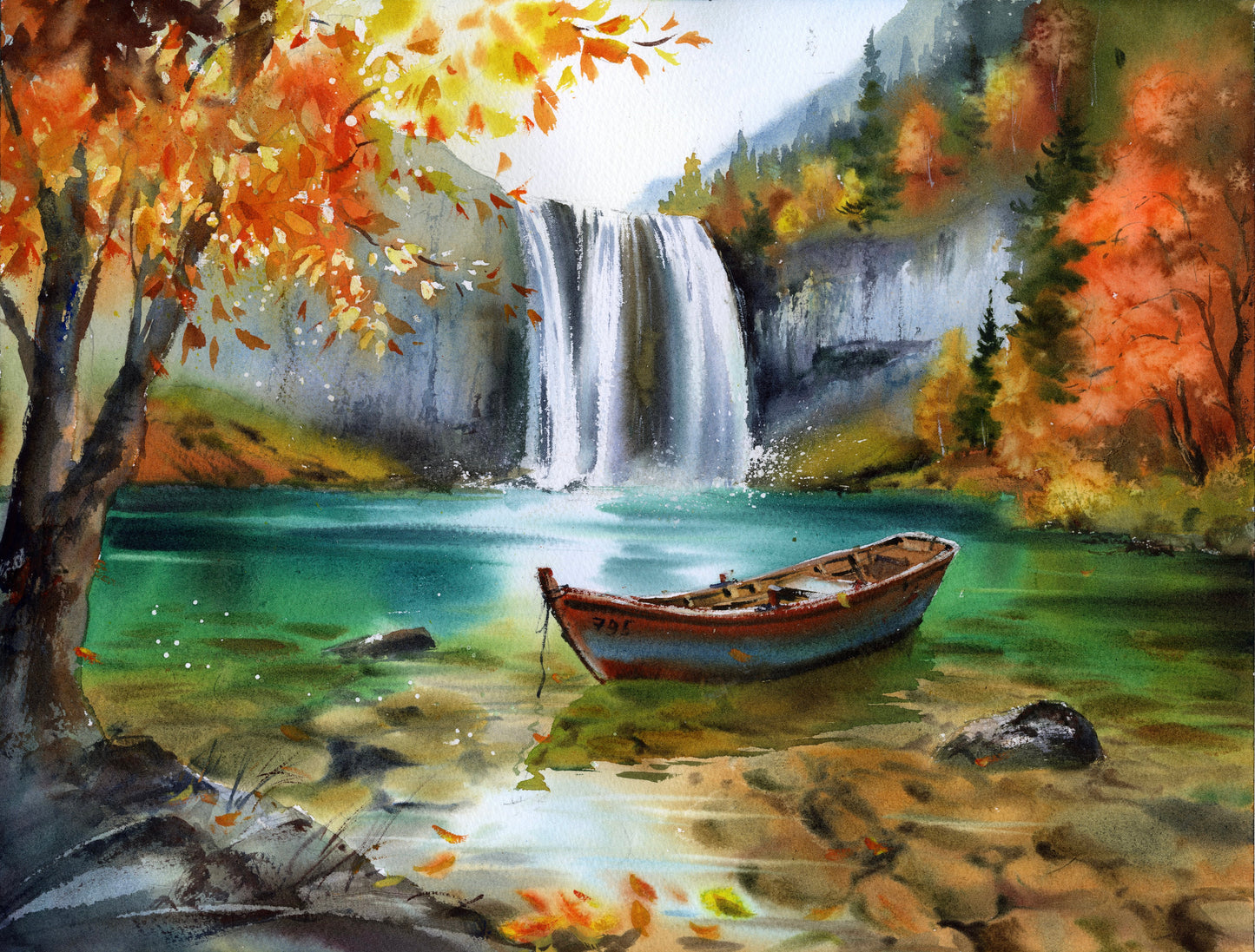 Original Waterfall Watercolor Painting, Autumn Landscape Wall Art, Boat Beneath Autumn’s Cascade 12x16 in