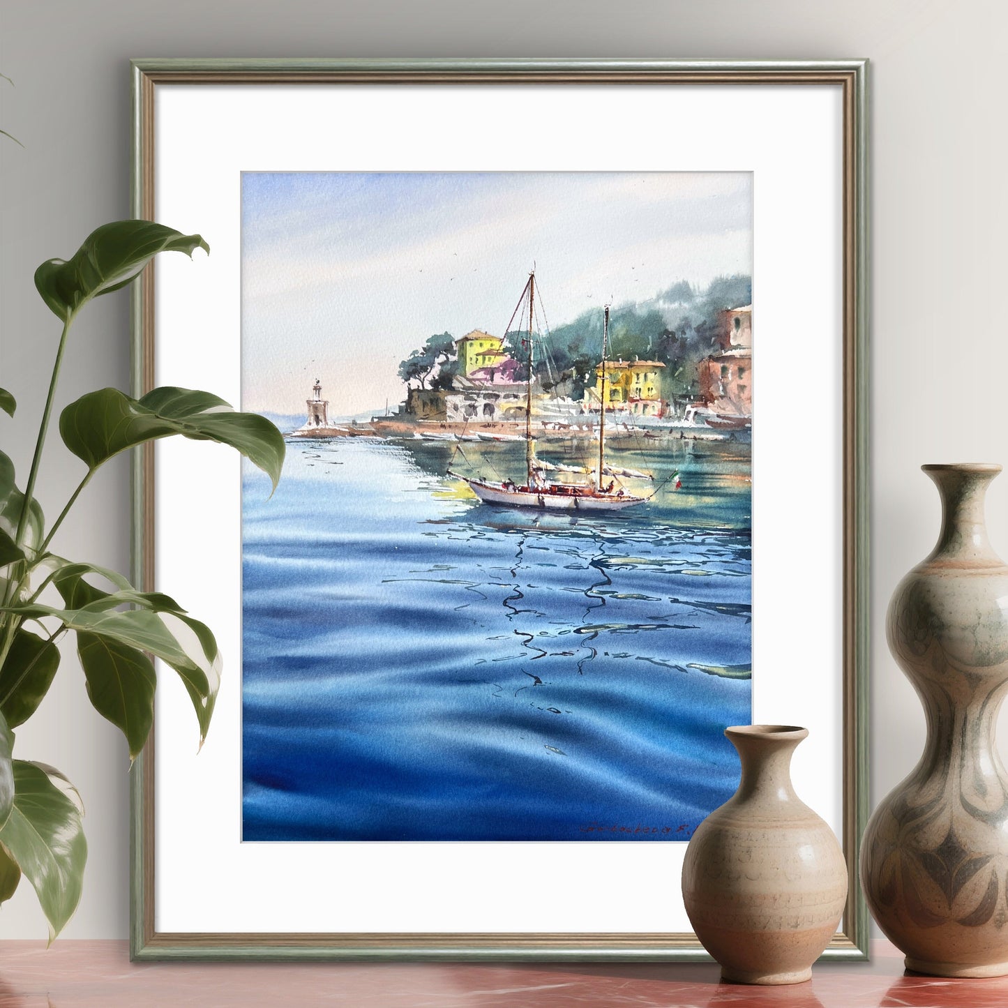 Original Recco Italy Watercolor Painting | Sailboat Harbor Seascape |Blue Italian morning. Recco 12x16